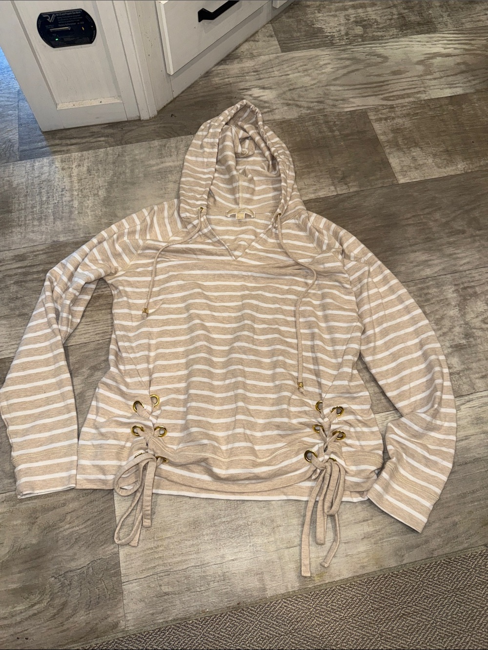 Michael Kors Beige & White Striped Lace-Up Hoodie